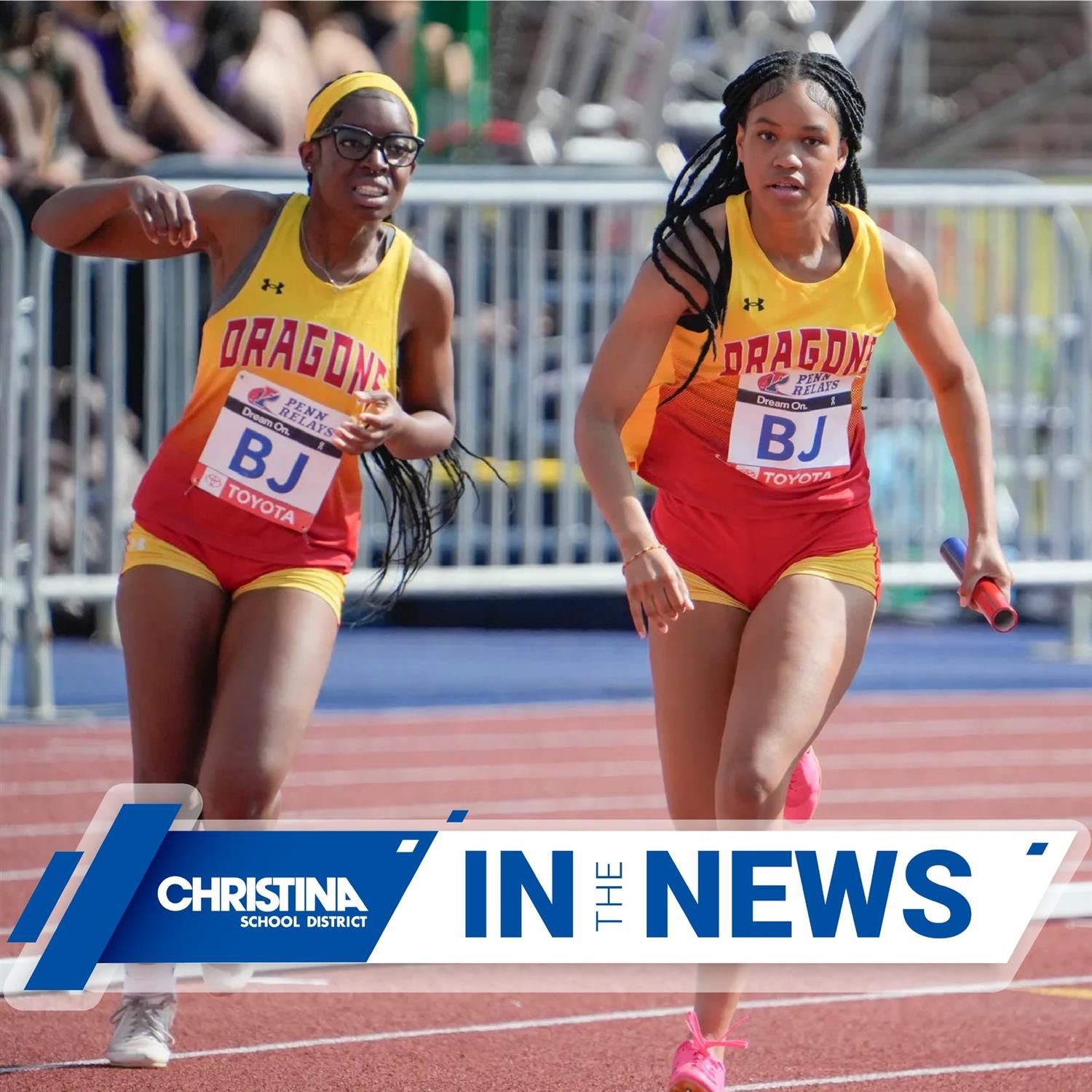  Photo of Leondra Davis and Kaiera West in 4X100 first baton exchange at Penn Relays